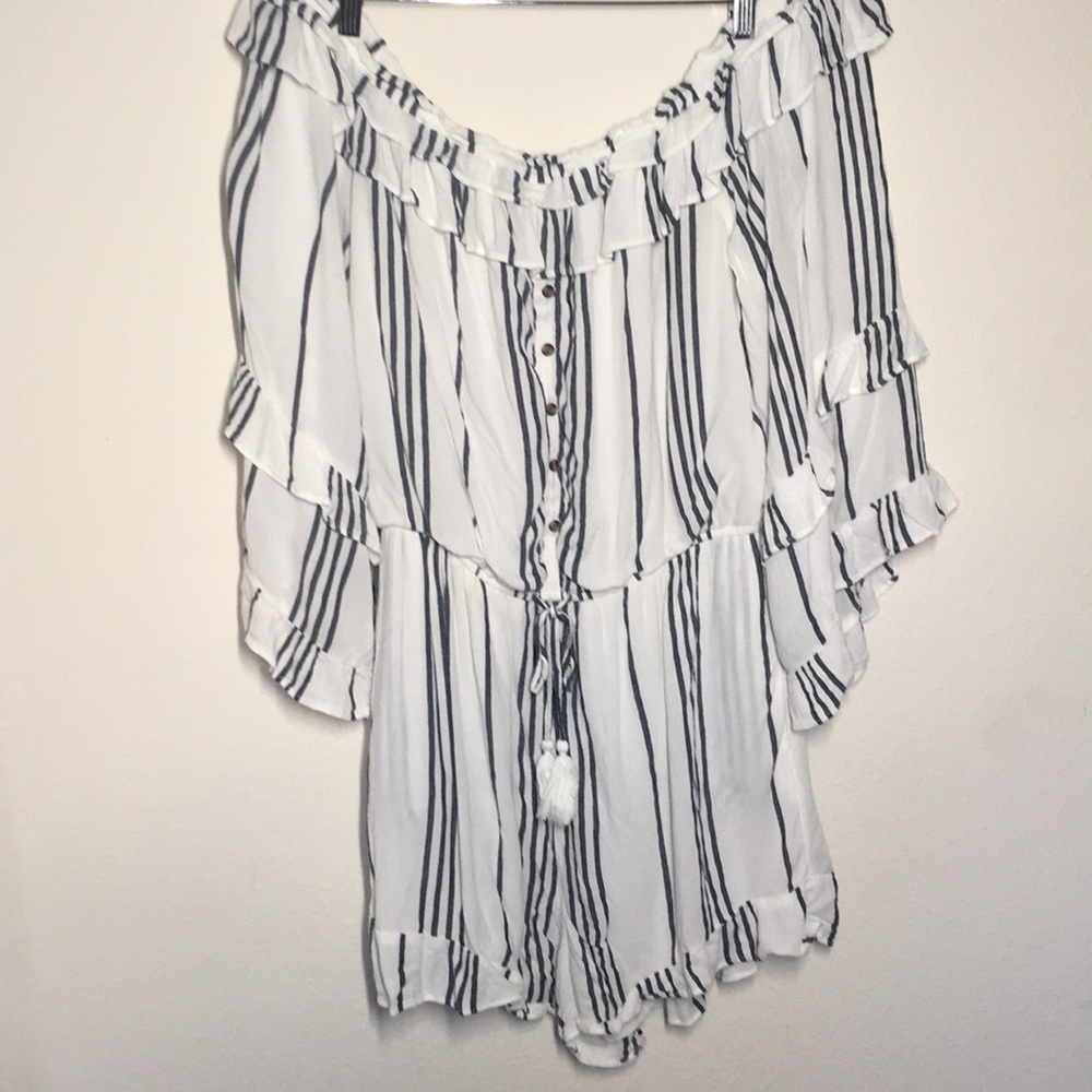 American Eagle Outfitters White and Black Striped Off-Shoulder Romper